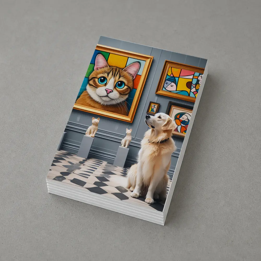 Golden Retriever Admiring Cat Portrait Art Gallery – Postcards