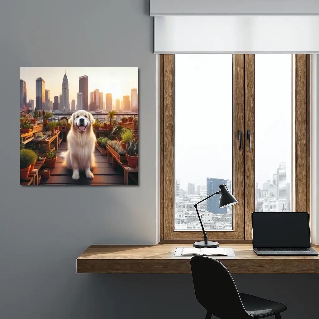 Golden Retriever Rooftop Garden City Skyline – Wall Art