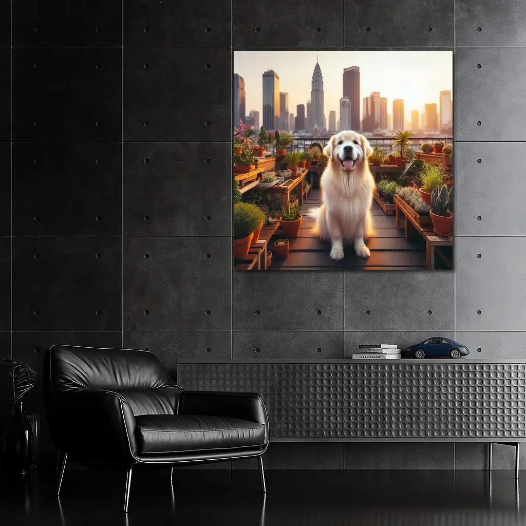 Golden Retriever Rooftop Garden City Skyline – Wall Art