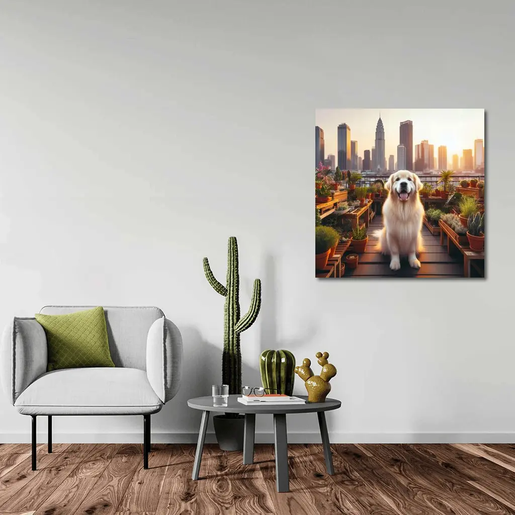 Golden Retriever Rooftop Garden City Skyline – Wall Art