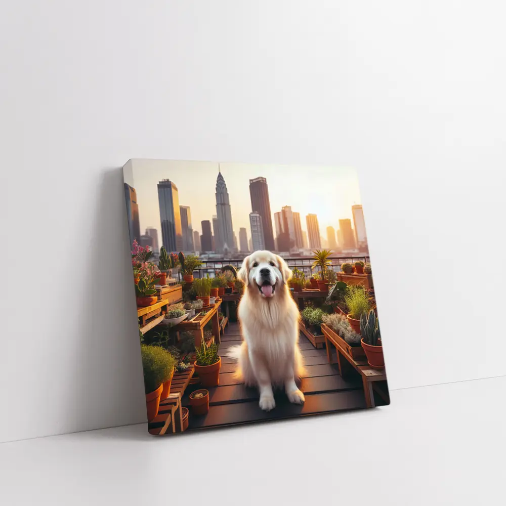 Golden Retriever Rooftop Garden City Skyline – Wall Art