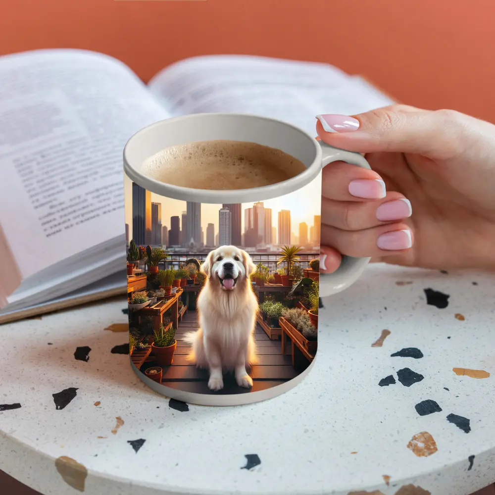 Golden Retriever Rooftop Garden City Skyline – Mugs
