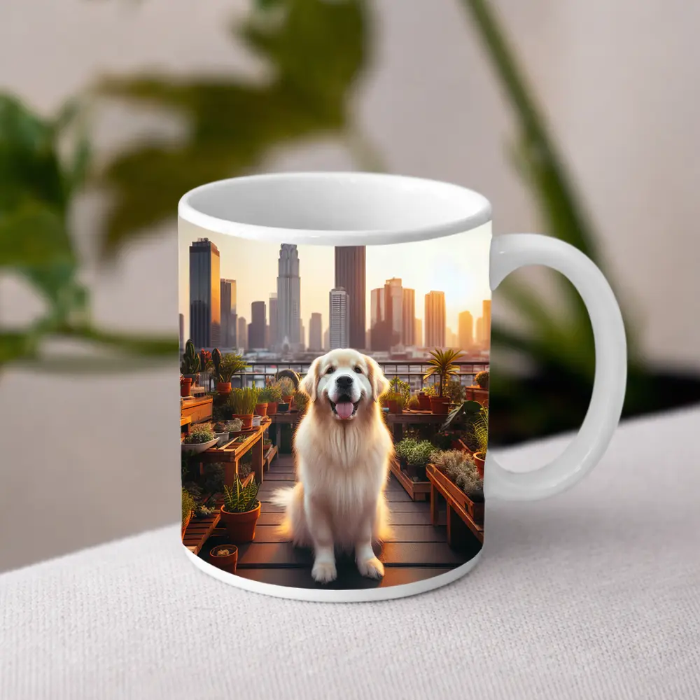 Golden Retriever Rooftop Garden City Skyline – Mugs