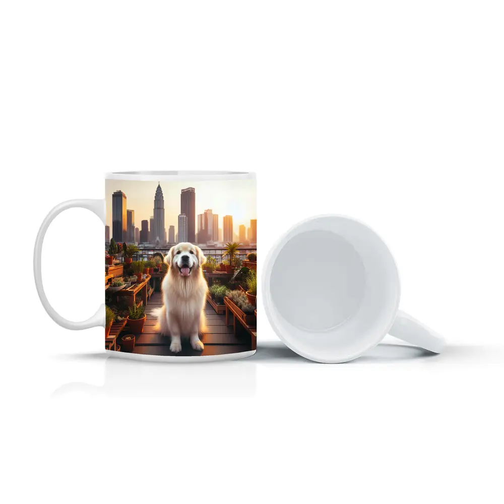 Golden Retriever Rooftop Garden City Skyline – Mugs