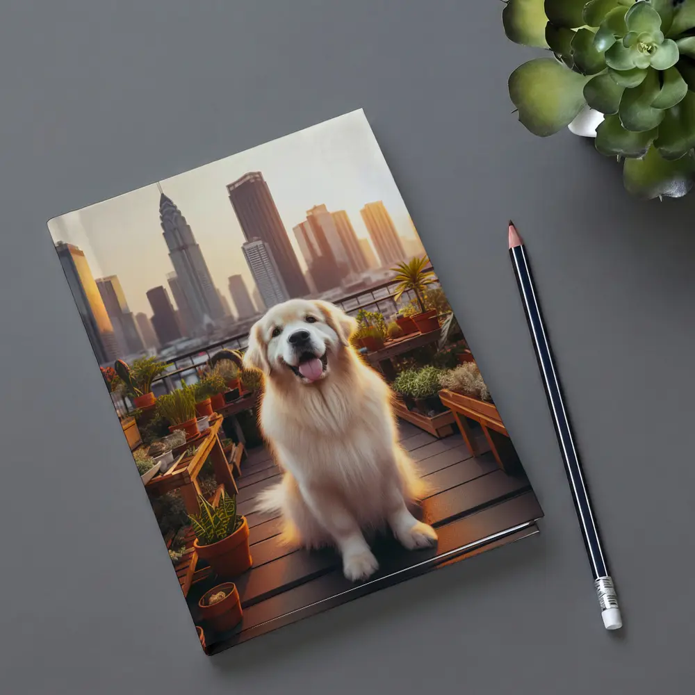 Golden Retriever Rooftop Garden City Skyline – Notebooks