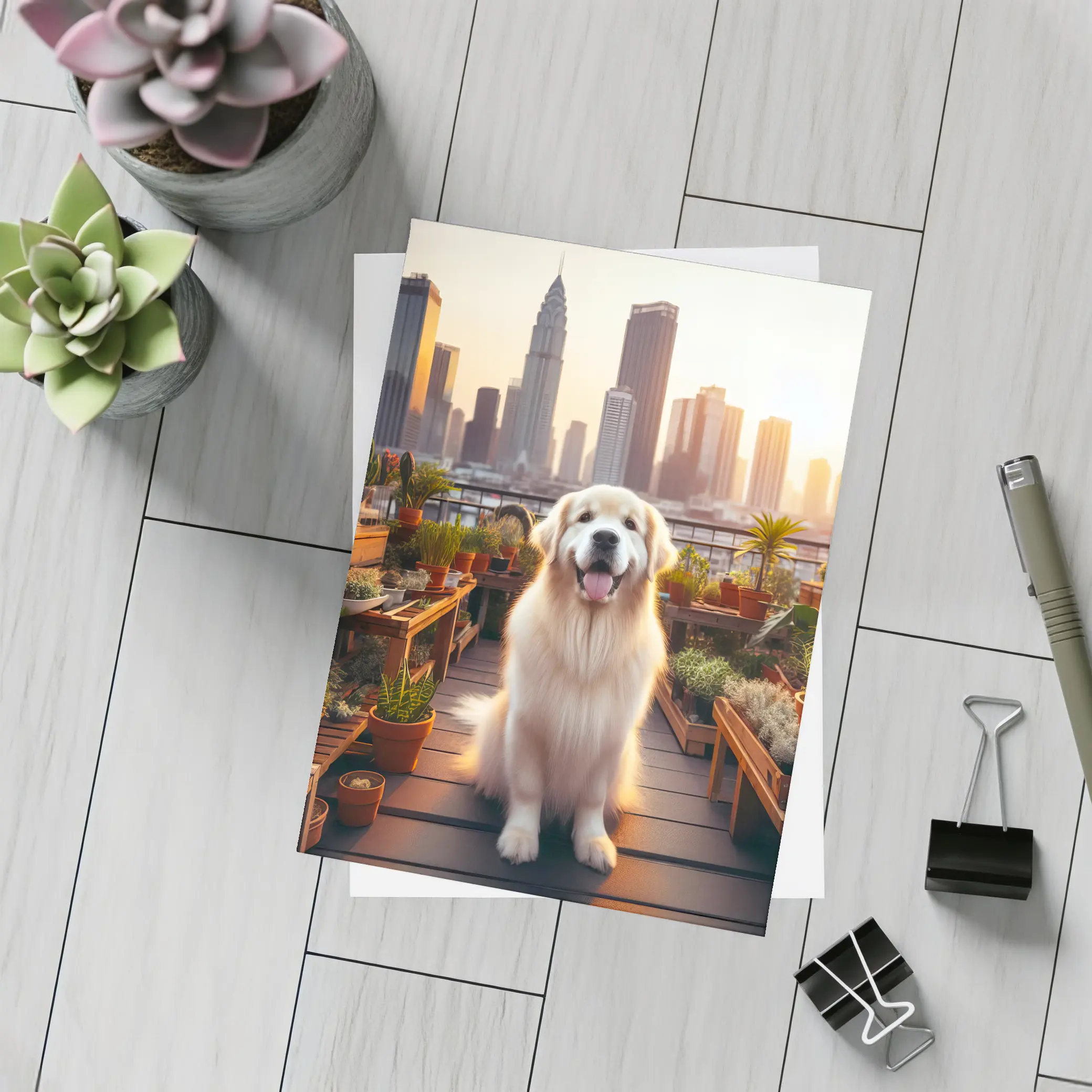 Golden Retriever Rooftop Garden City Skyline – Postcards