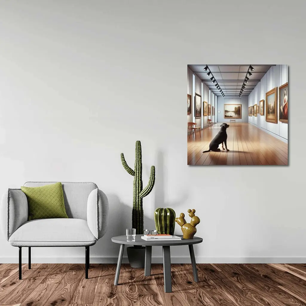 Black Labrador Sitting In Art Gallery – Wall Art