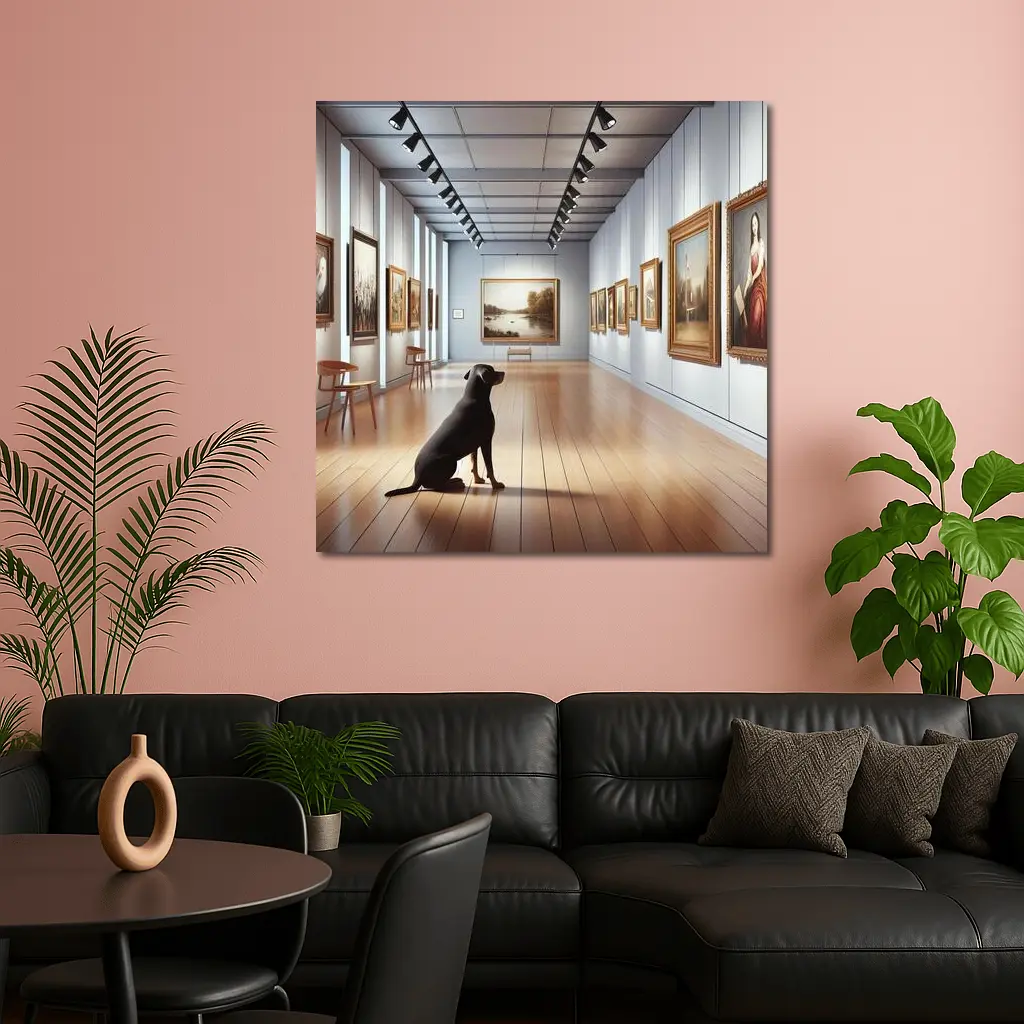 Black Labrador Sitting In Art Gallery – Wall Art