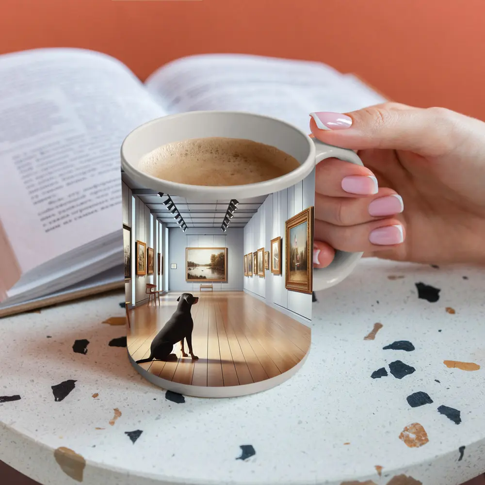 Black Labrador Sitting In Art Gallery – Mugs