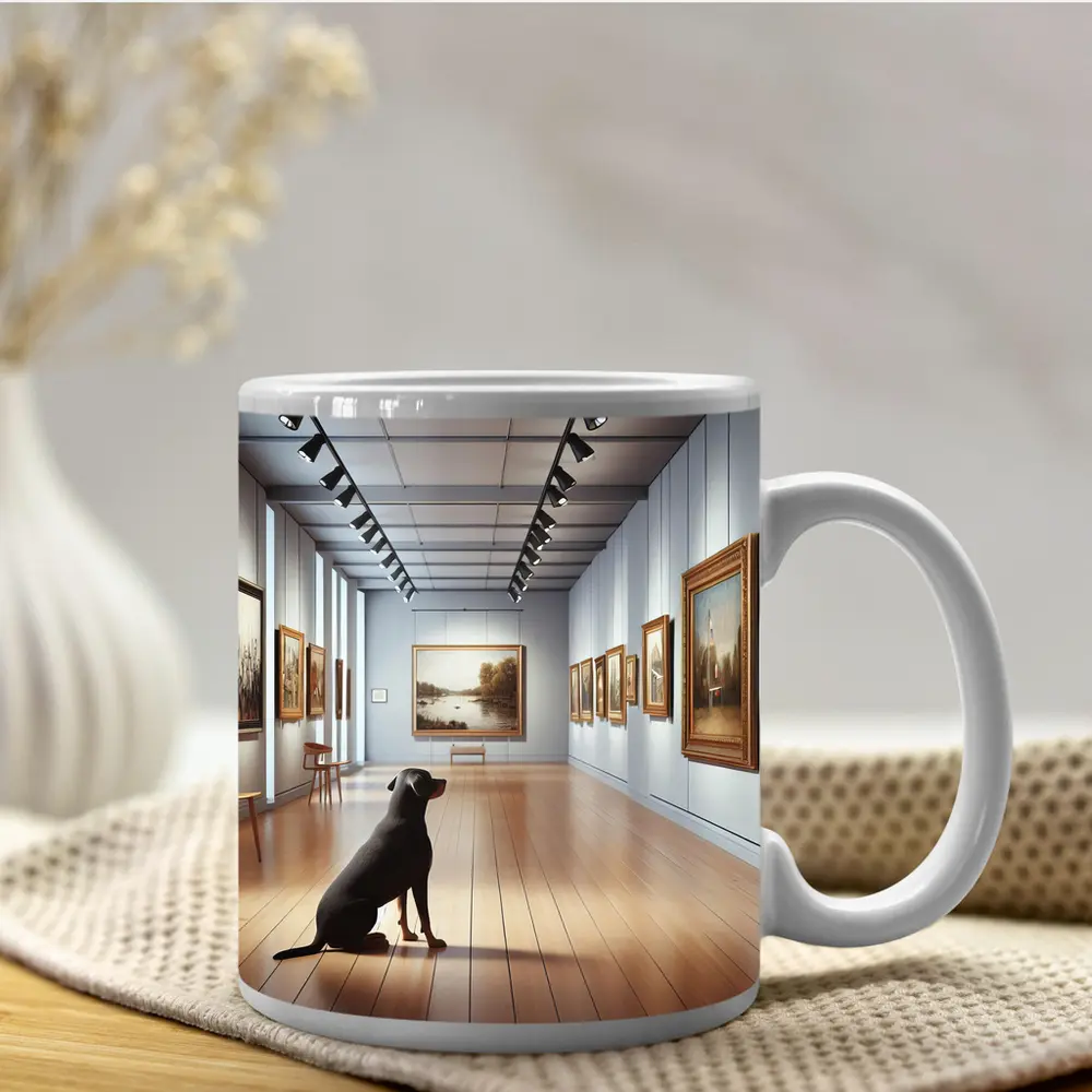Black Labrador Sitting In Art Gallery – Mugs