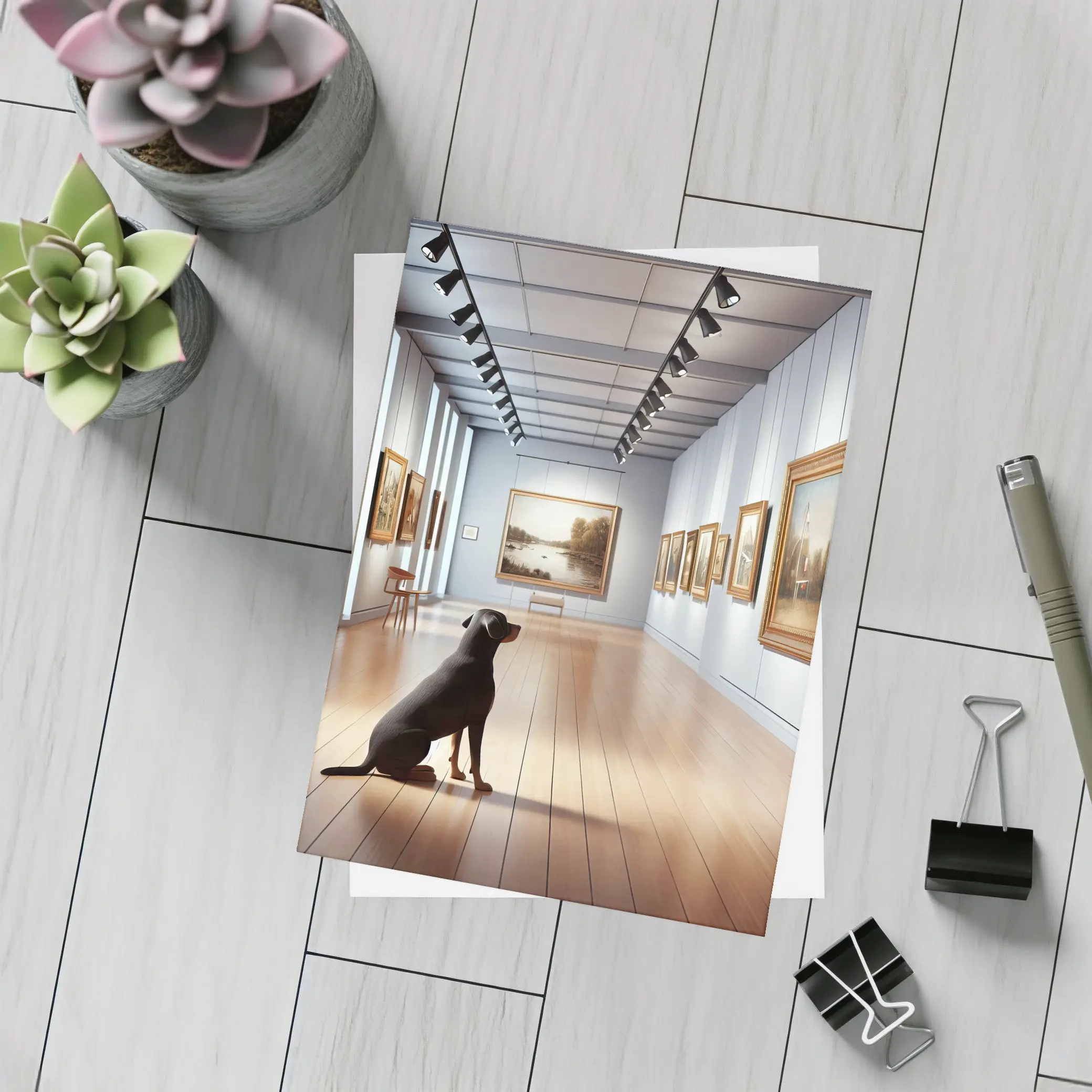 Black Labrador Sitting In Art Gallery – Postcards