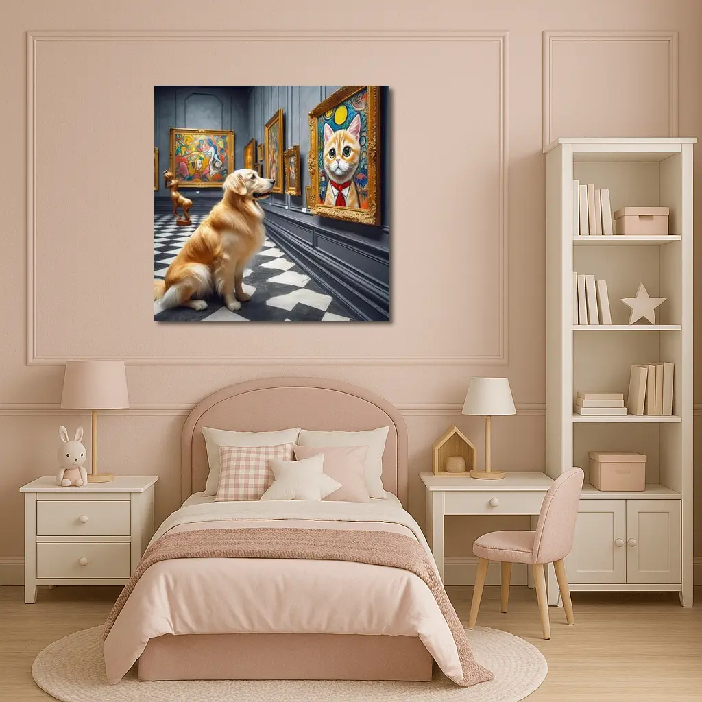 Golden Retriever Admiring Cat Portrait Art Gallery – Wall Art