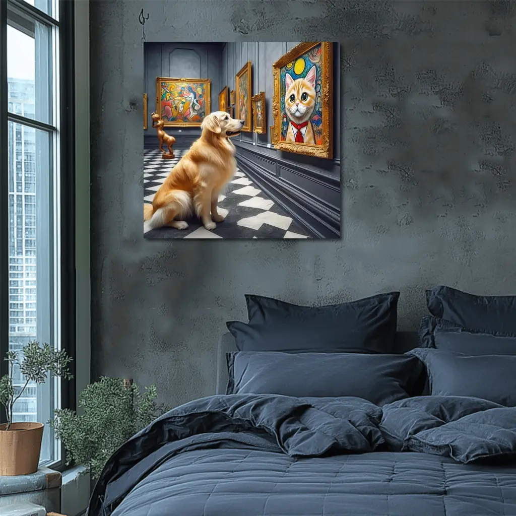 Golden Retriever Admiring Cat Portrait Art Gallery – Wall Art