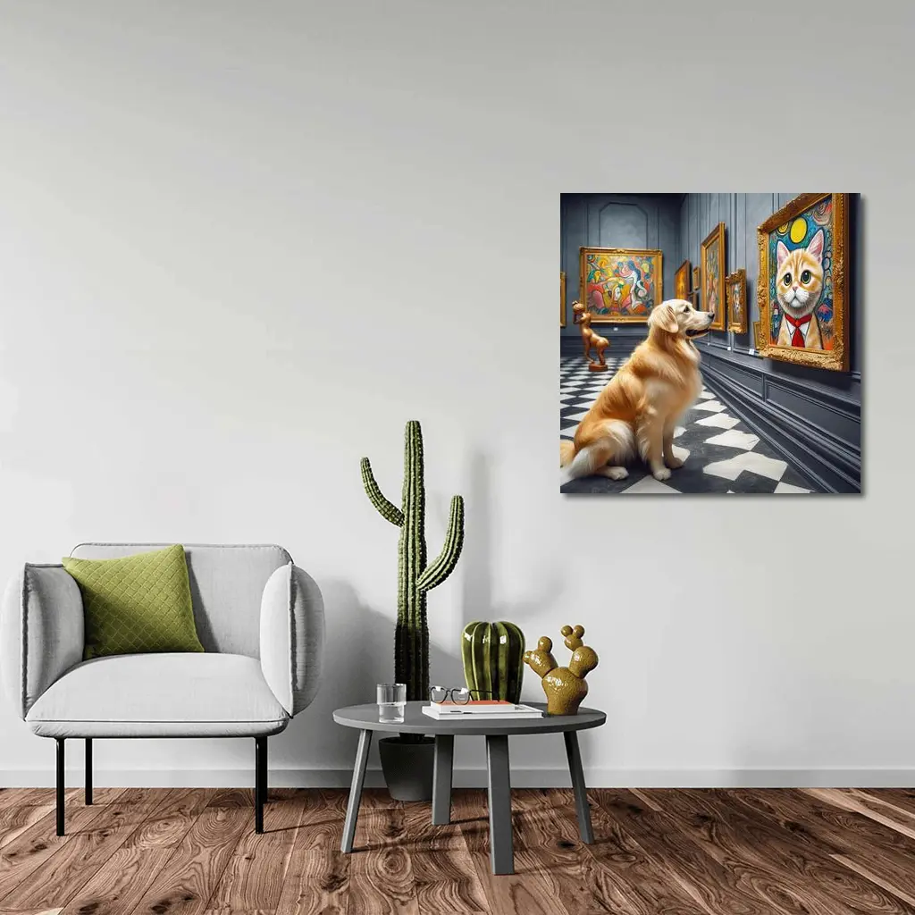 Golden Retriever Admiring Cat Portrait Art Gallery – Wall Art