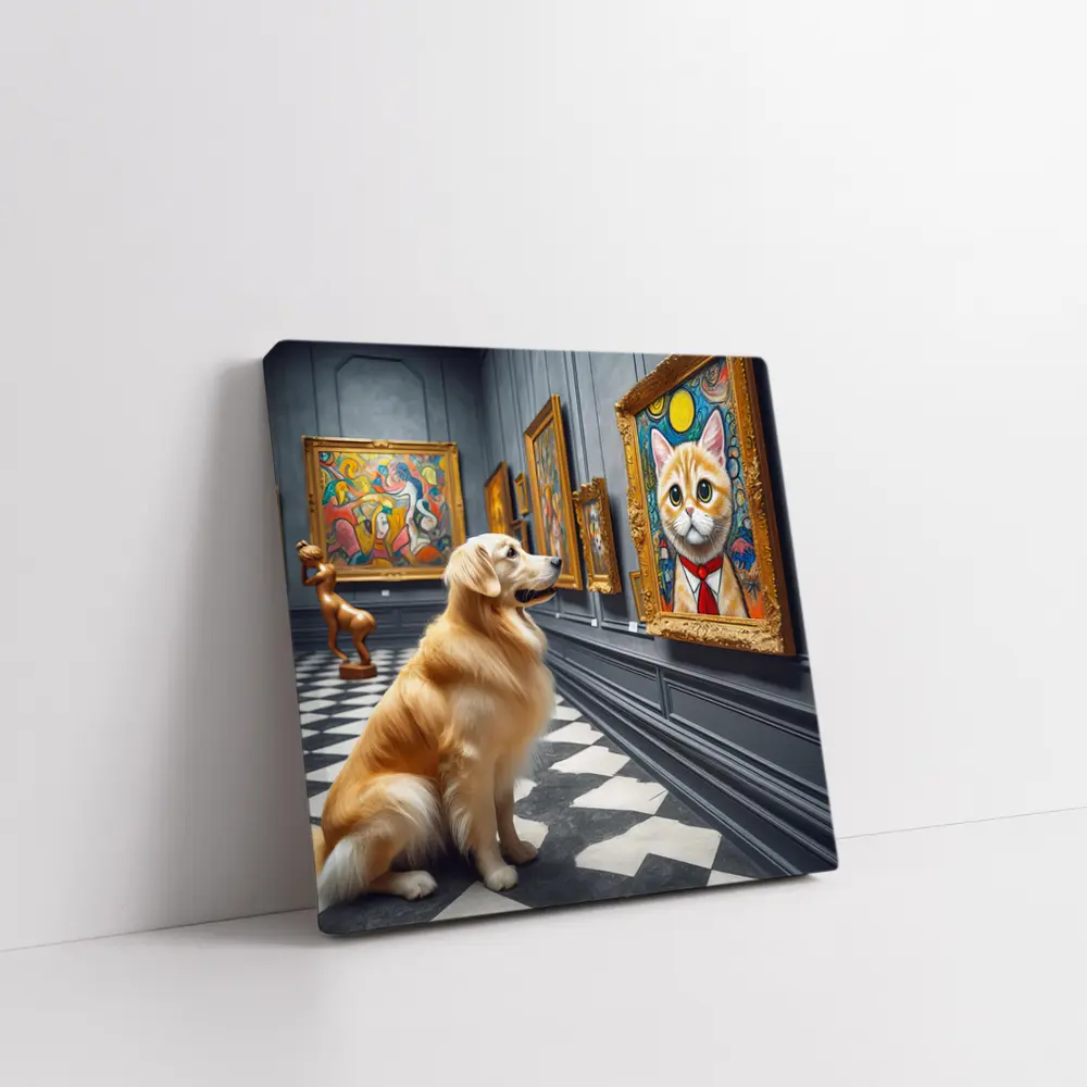 Golden Retriever Admiring Cat Portrait Art Gallery – Wall Art