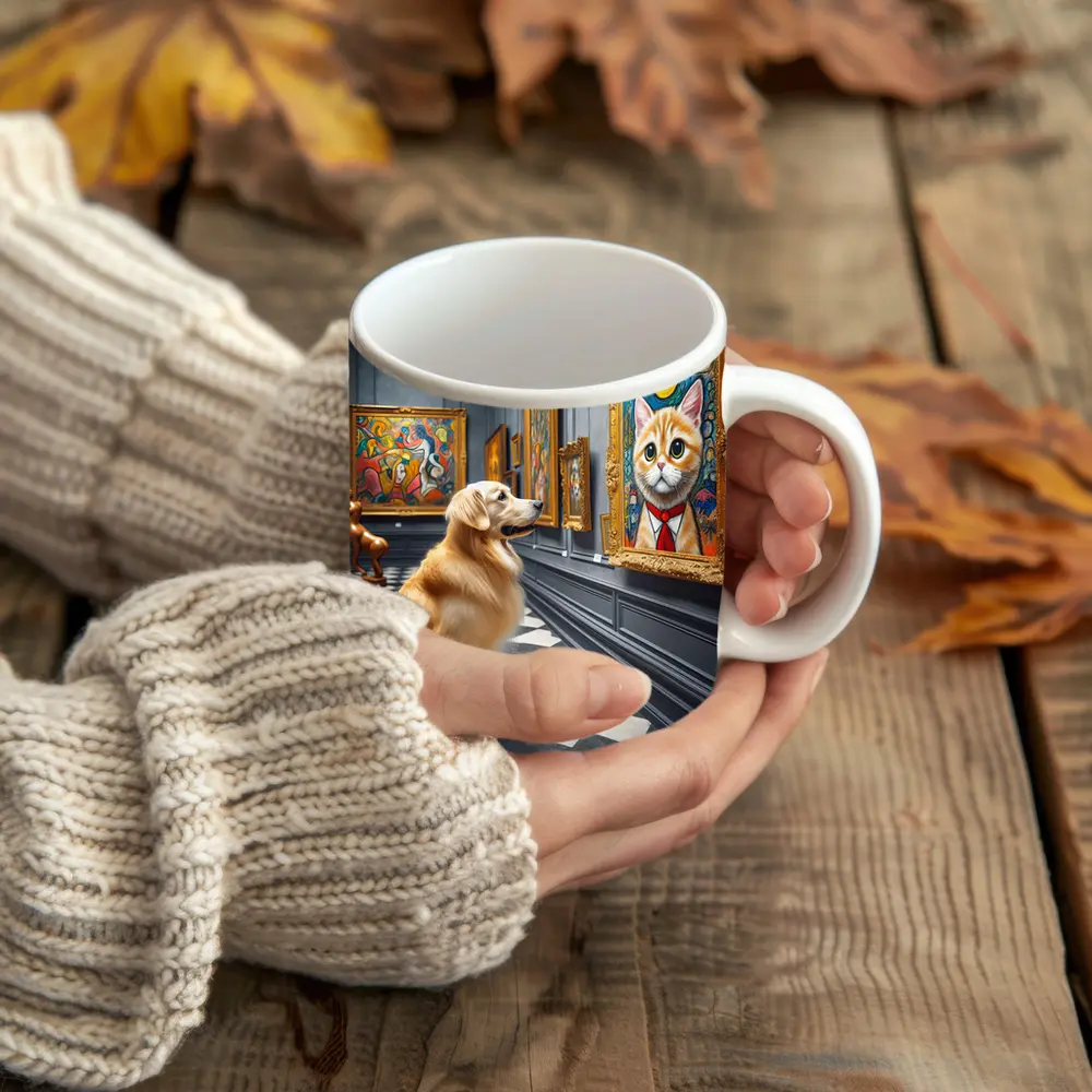Golden Retriever Admiring Cat Portrait Art Gallery – Mugs