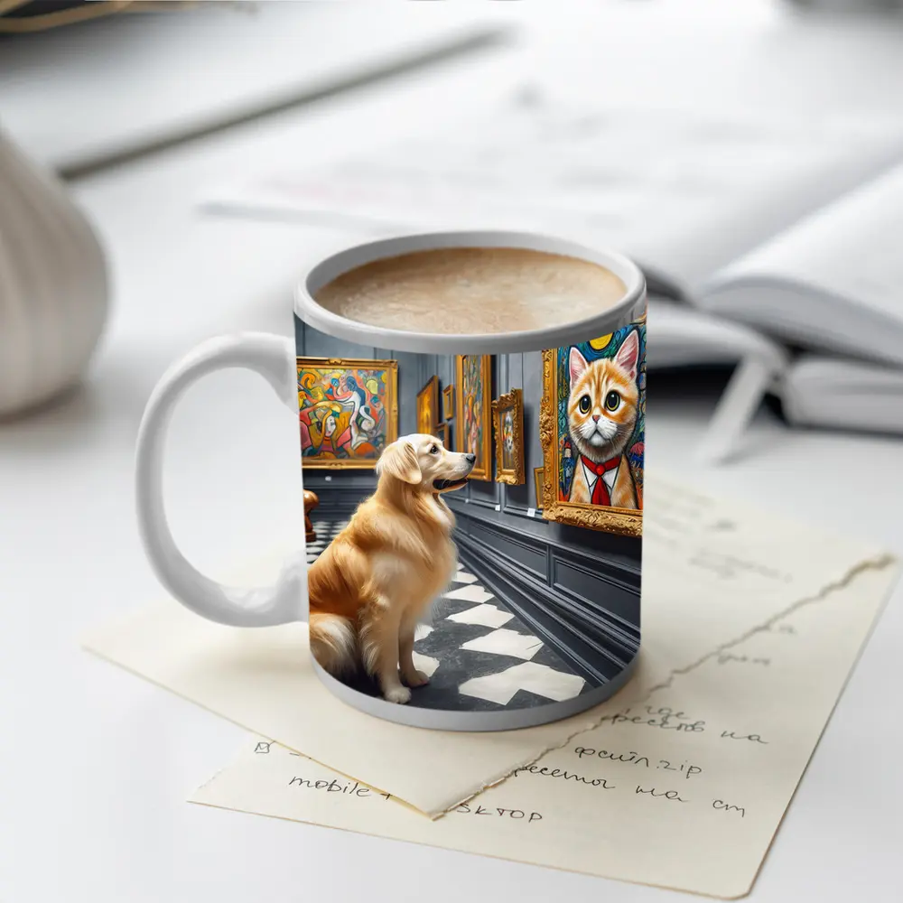Golden Retriever Admiring Cat Portrait Art Gallery – Mugs
