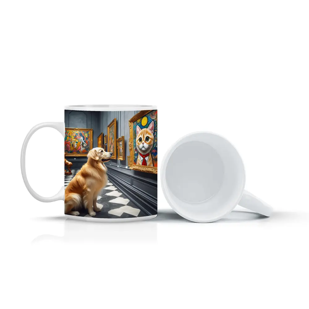 Golden Retriever Admiring Cat Portrait Art Gallery – Mugs