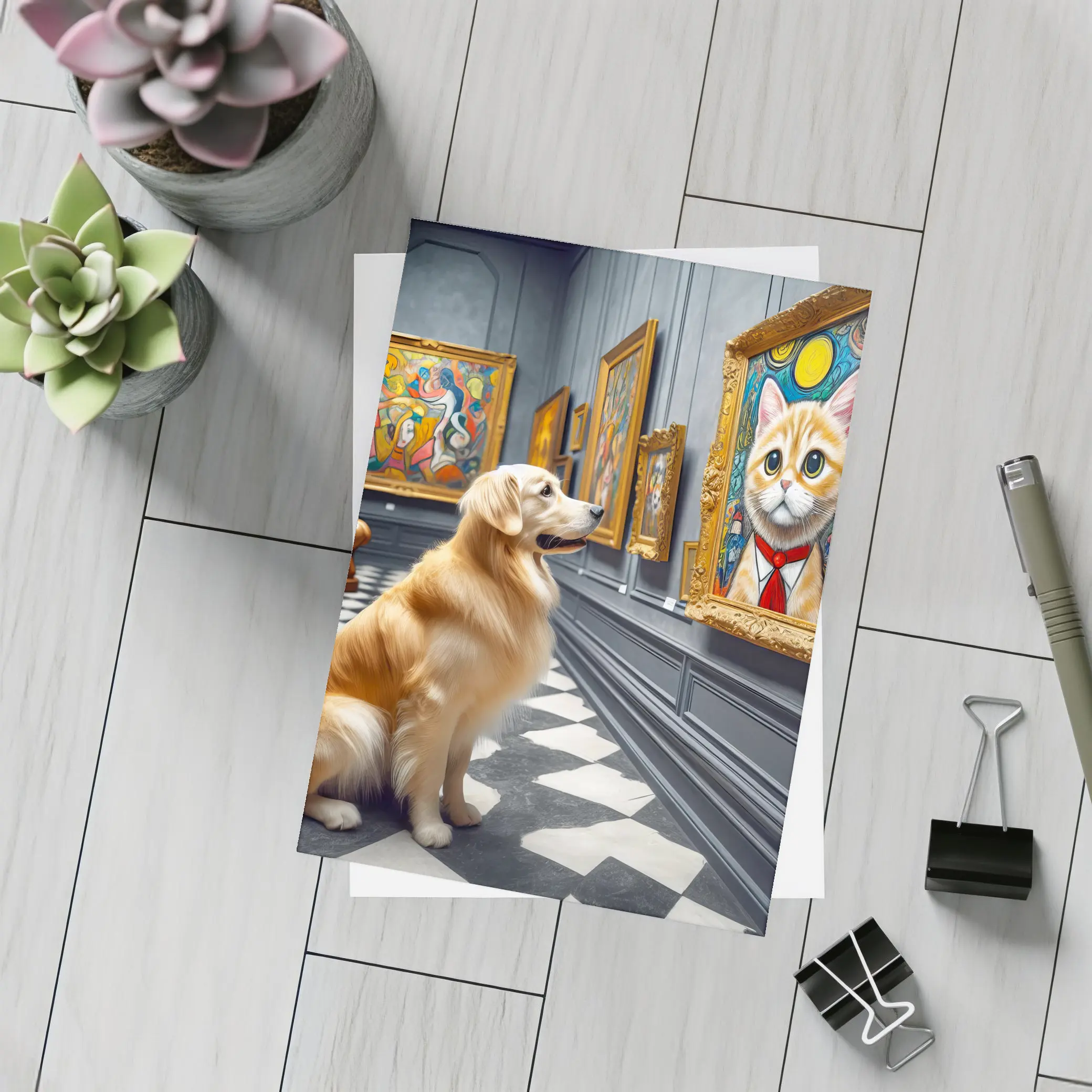 Golden Retriever Admiring Cat Portrait Art Gallery – Postcards