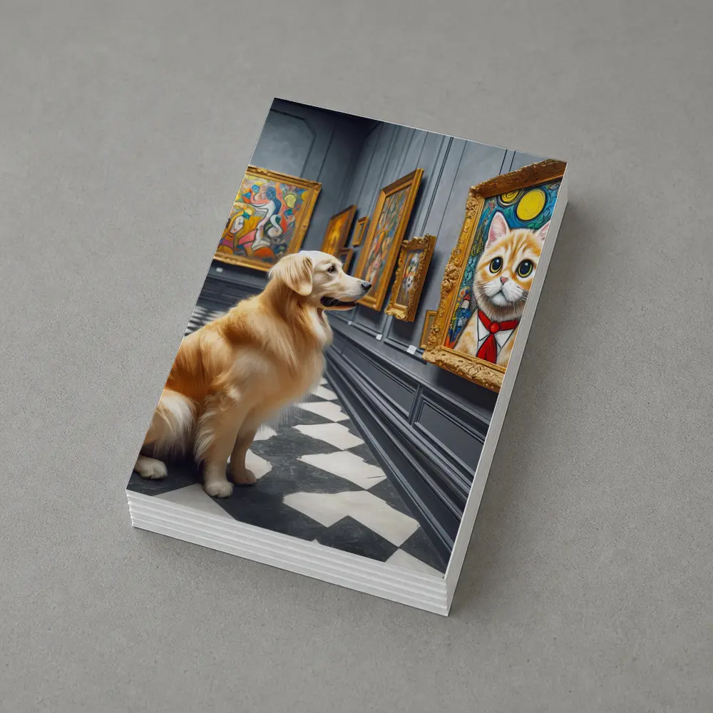 Golden Retriever Admiring Cat Portrait Art Gallery – Postcards