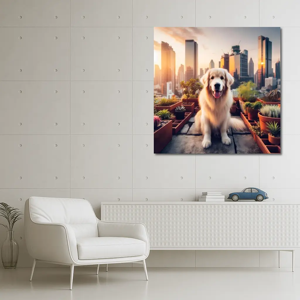 Golden Retriever Rooftop Garden City Skyline – Wall Art