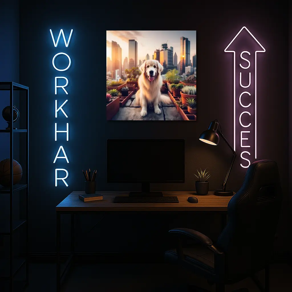 Golden Retriever Rooftop Garden City Skyline – Wall Art