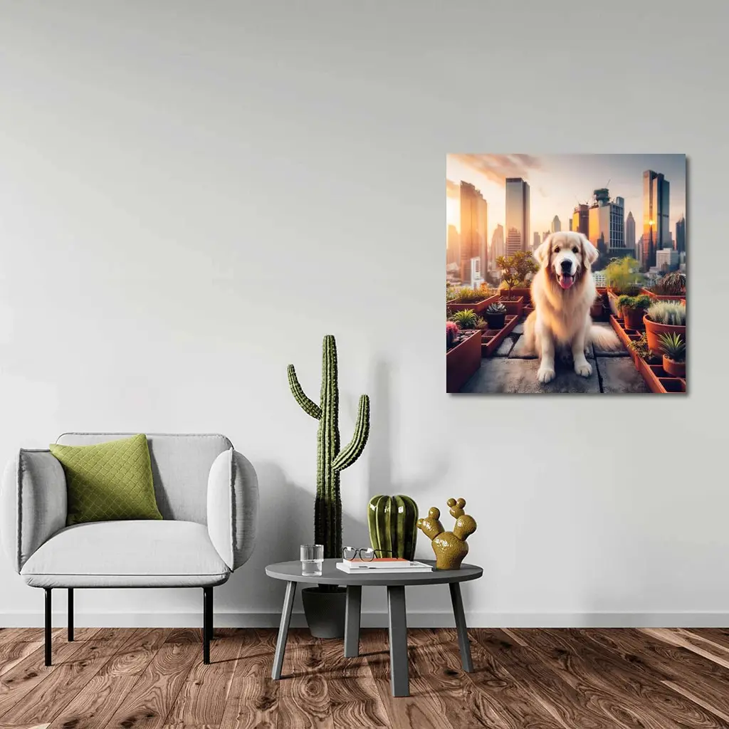 Golden Retriever Rooftop Garden City Skyline – Wall Art