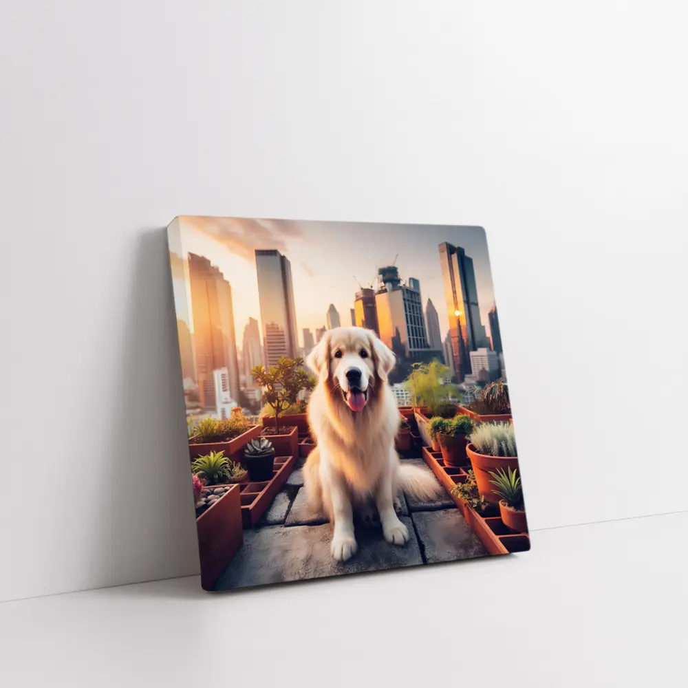 Golden Retriever Rooftop Garden City Skyline – Wall Art