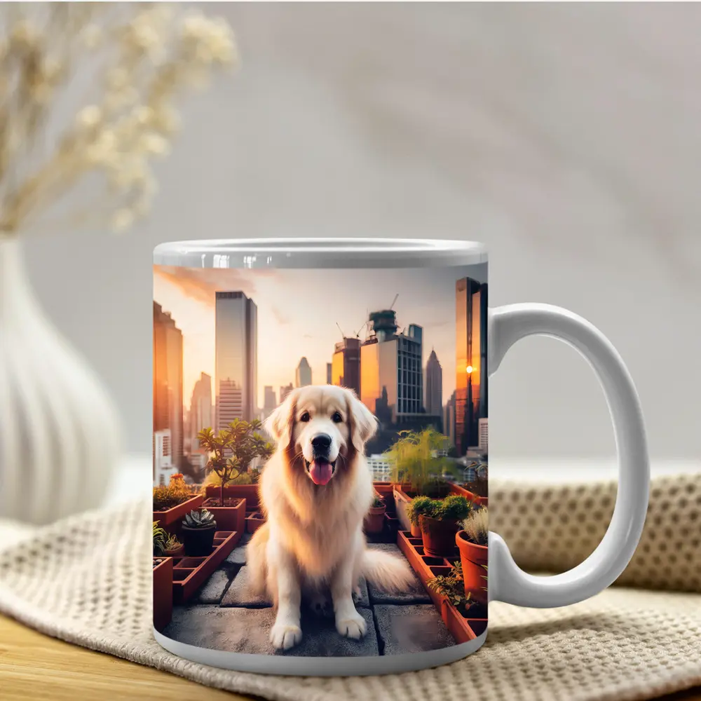 Golden Retriever Rooftop Garden City Skyline – Mugs