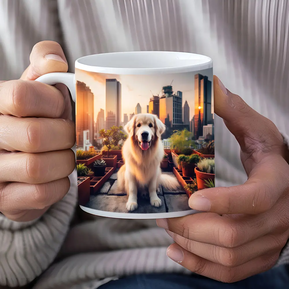 Golden Retriever Rooftop Garden City Skyline – Mugs