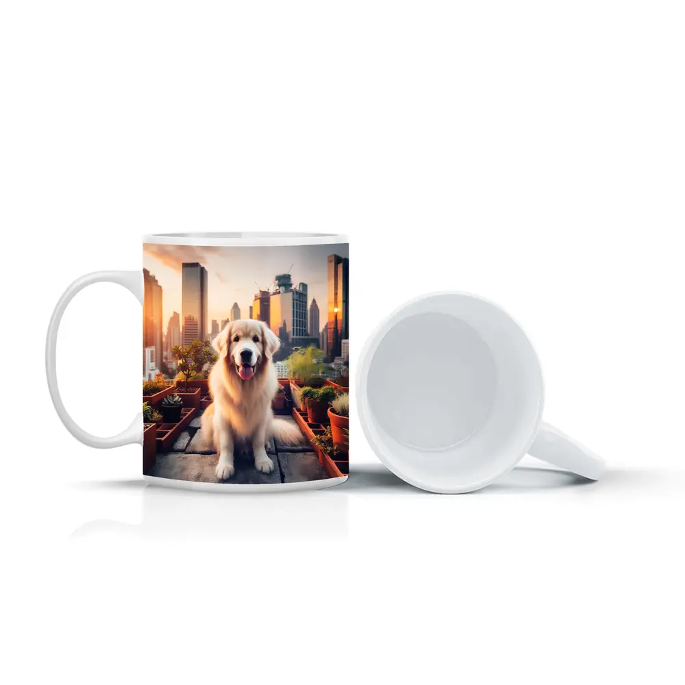 Golden Retriever Rooftop Garden City Skyline – Mugs