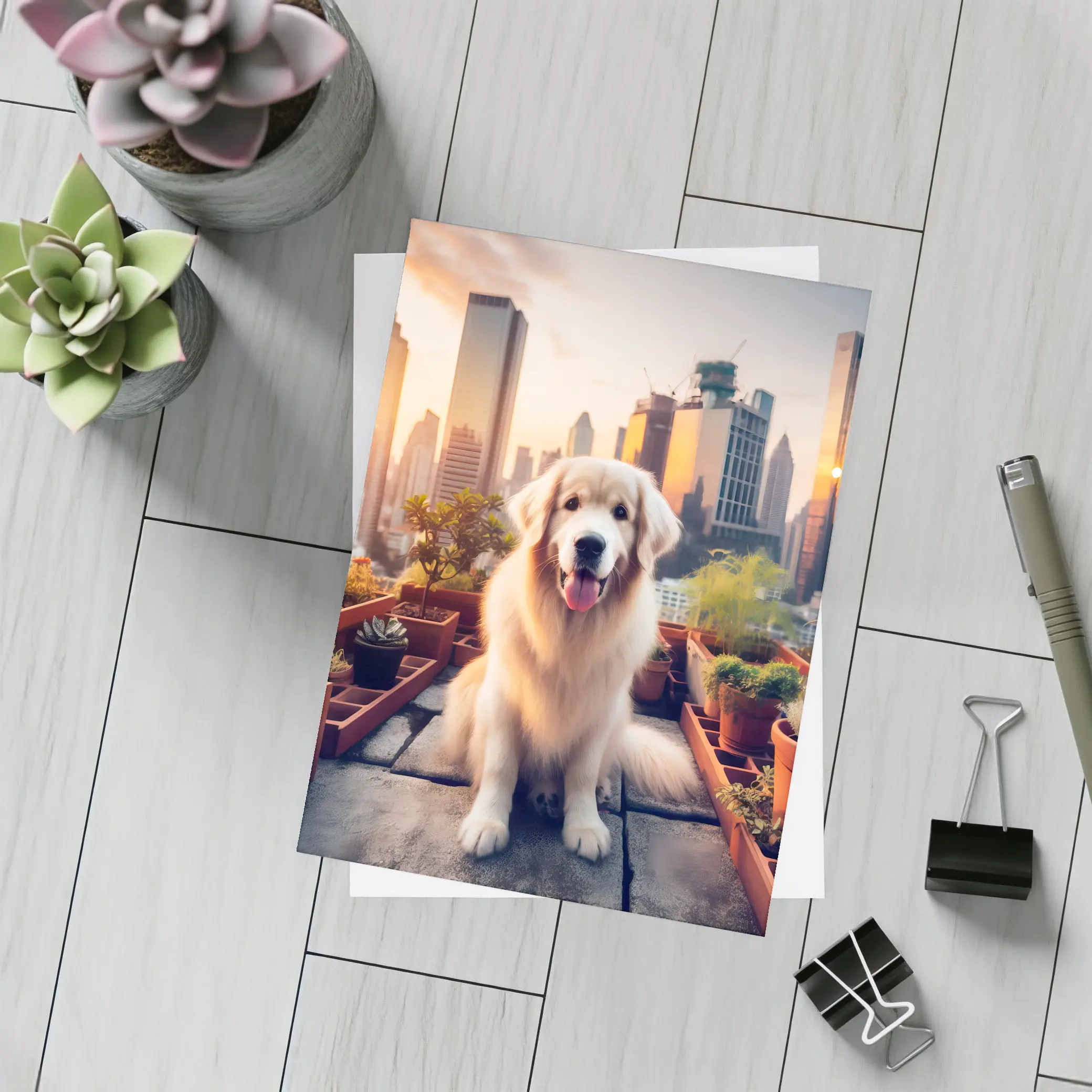 Golden Retriever Rooftop Garden City Skyline – Postcards