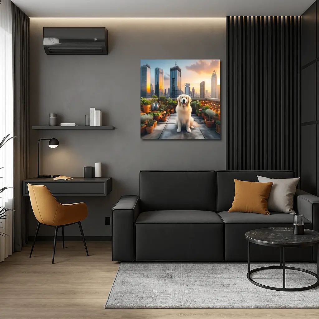 Golden Retriever on City Rooftop at Sunset – Wall Art