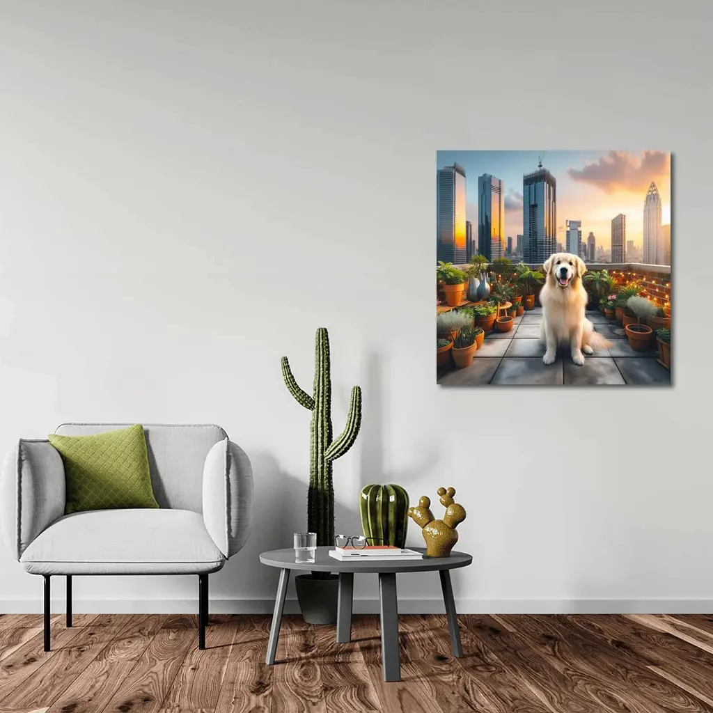 Golden Retriever on City Rooftop at Sunset – Wall Art