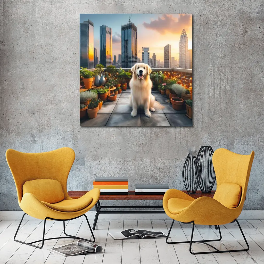 Golden Retriever on City Rooftop at Sunset – Wall Art