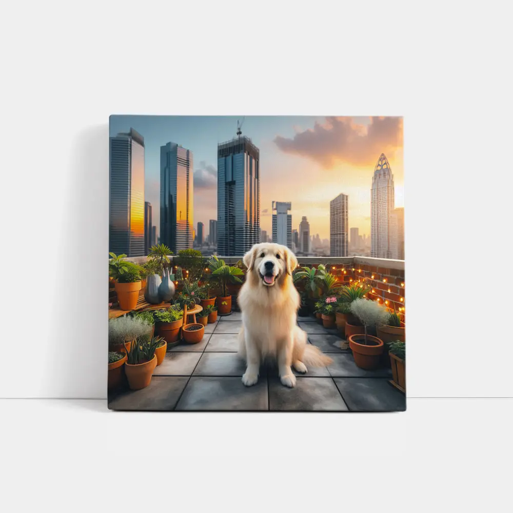 Golden Retriever on City Rooftop at Sunset – Wall Art