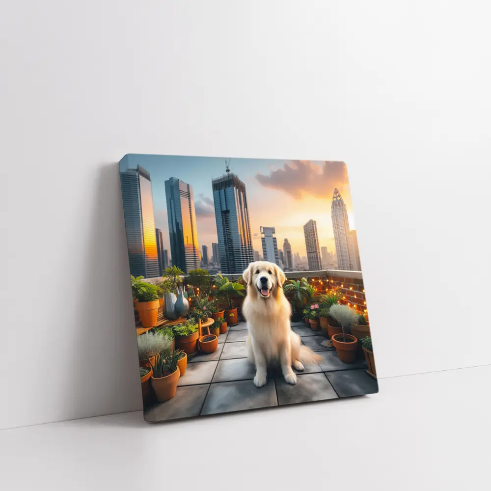 Golden Retriever on City Rooftop at Sunset – Wall Art