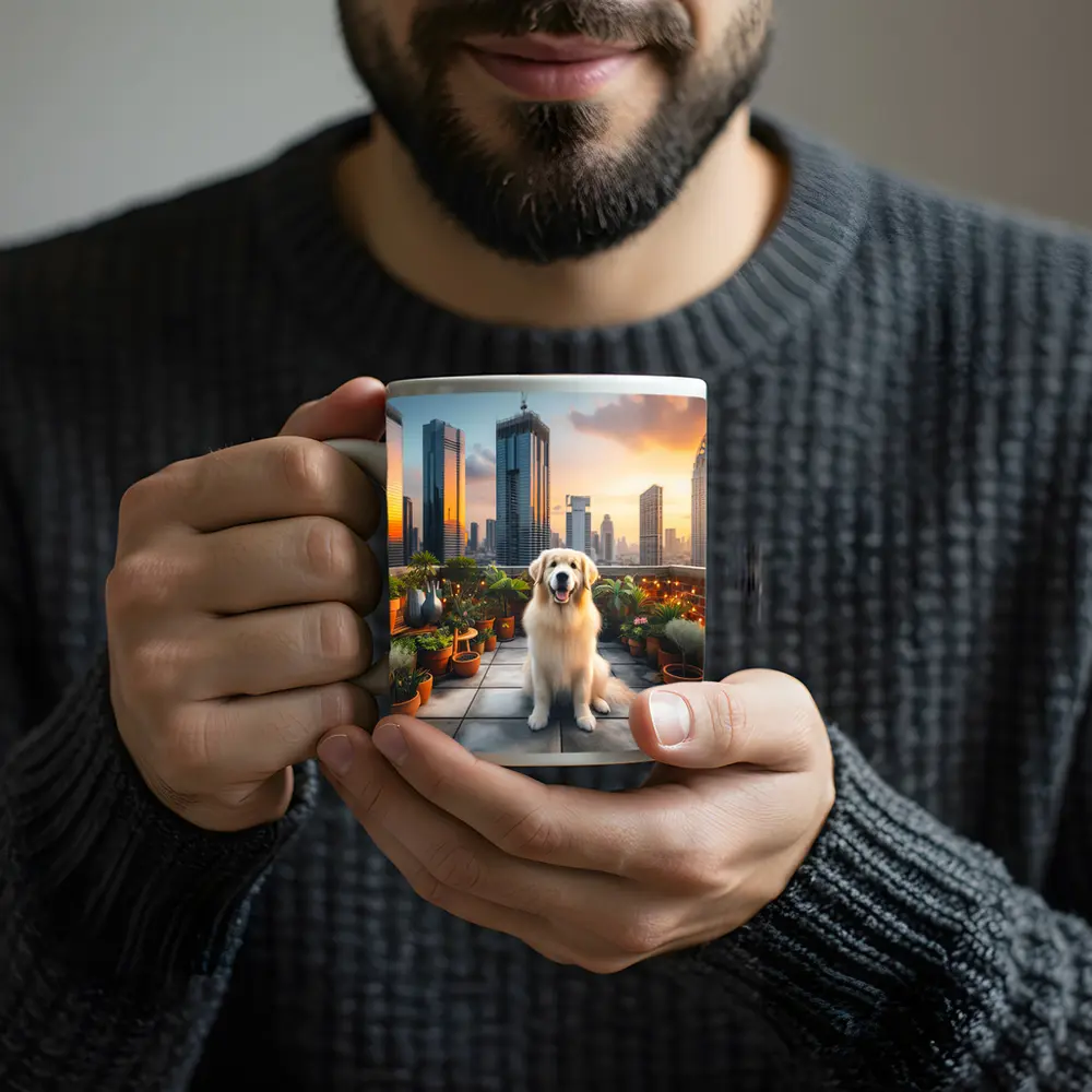 Golden Retriever on City Rooftop at Sunset – Mugs