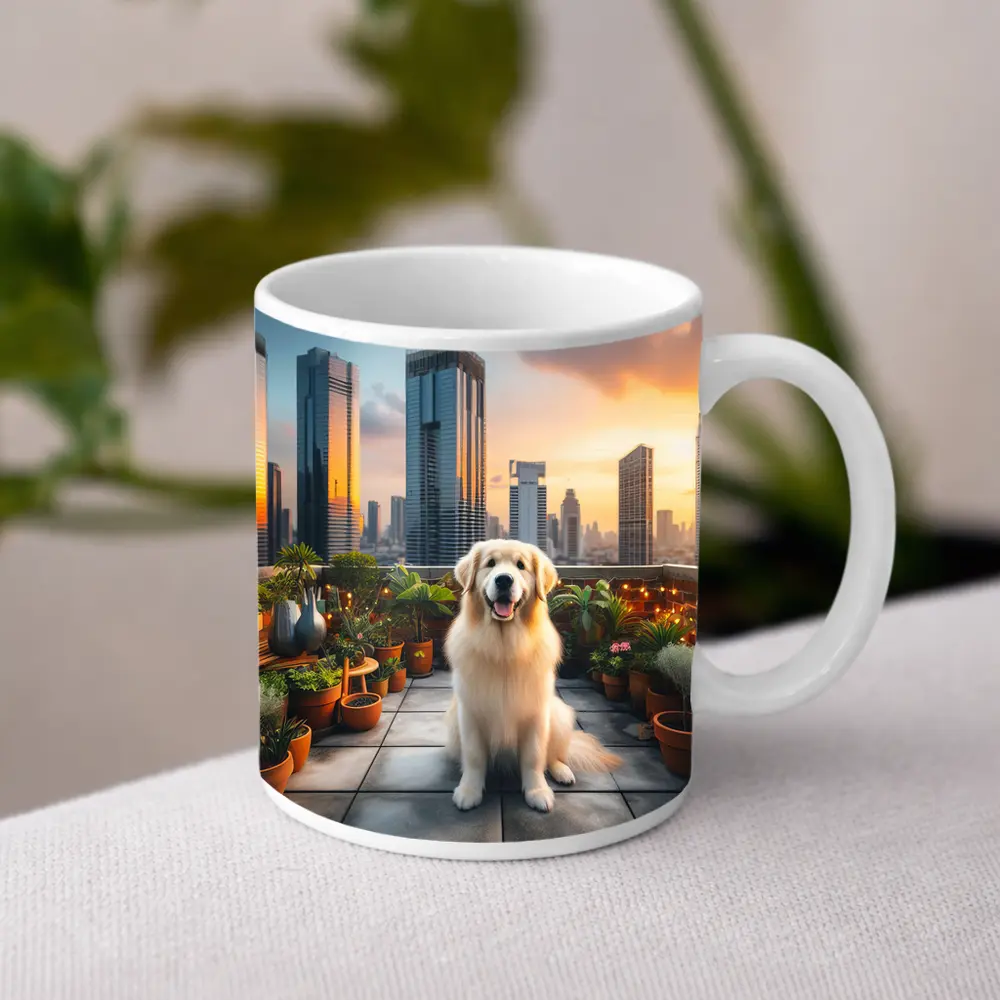 Golden Retriever on City Rooftop at Sunset – Mugs