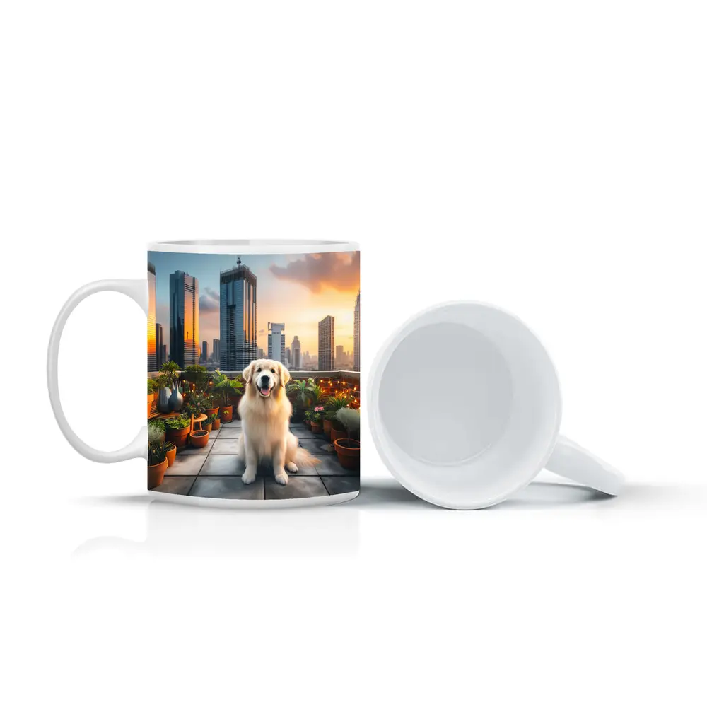 Golden Retriever on City Rooftop at Sunset – Mugs