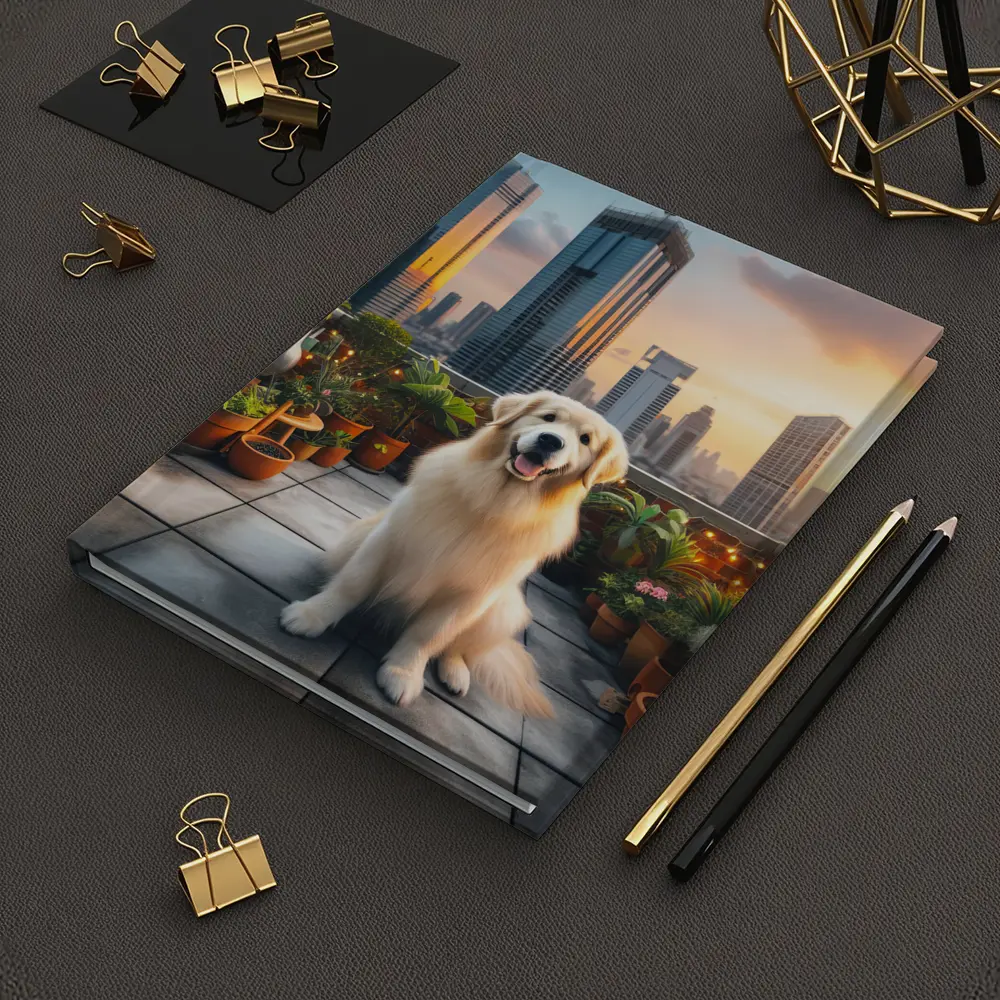 Golden Retriever on City Rooftop at Sunset – Notebooks