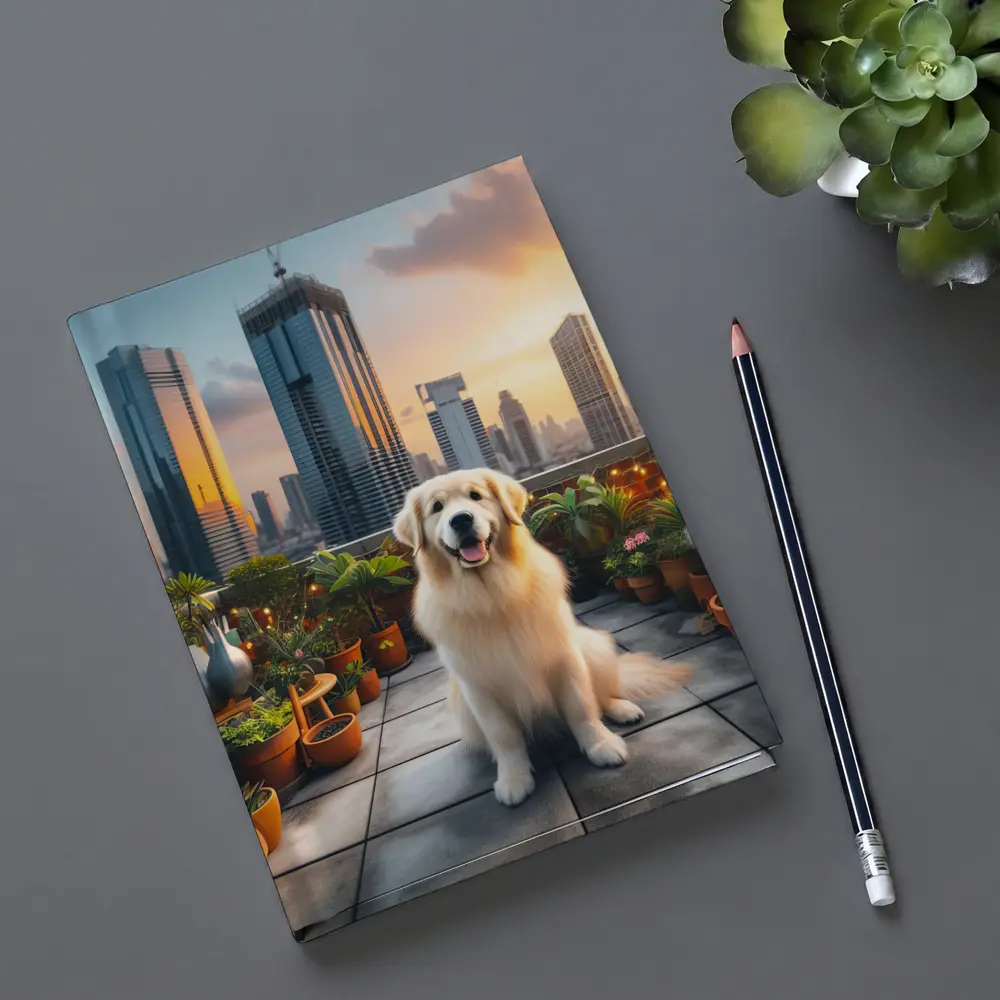 Golden Retriever on City Rooftop at Sunset – Notebooks