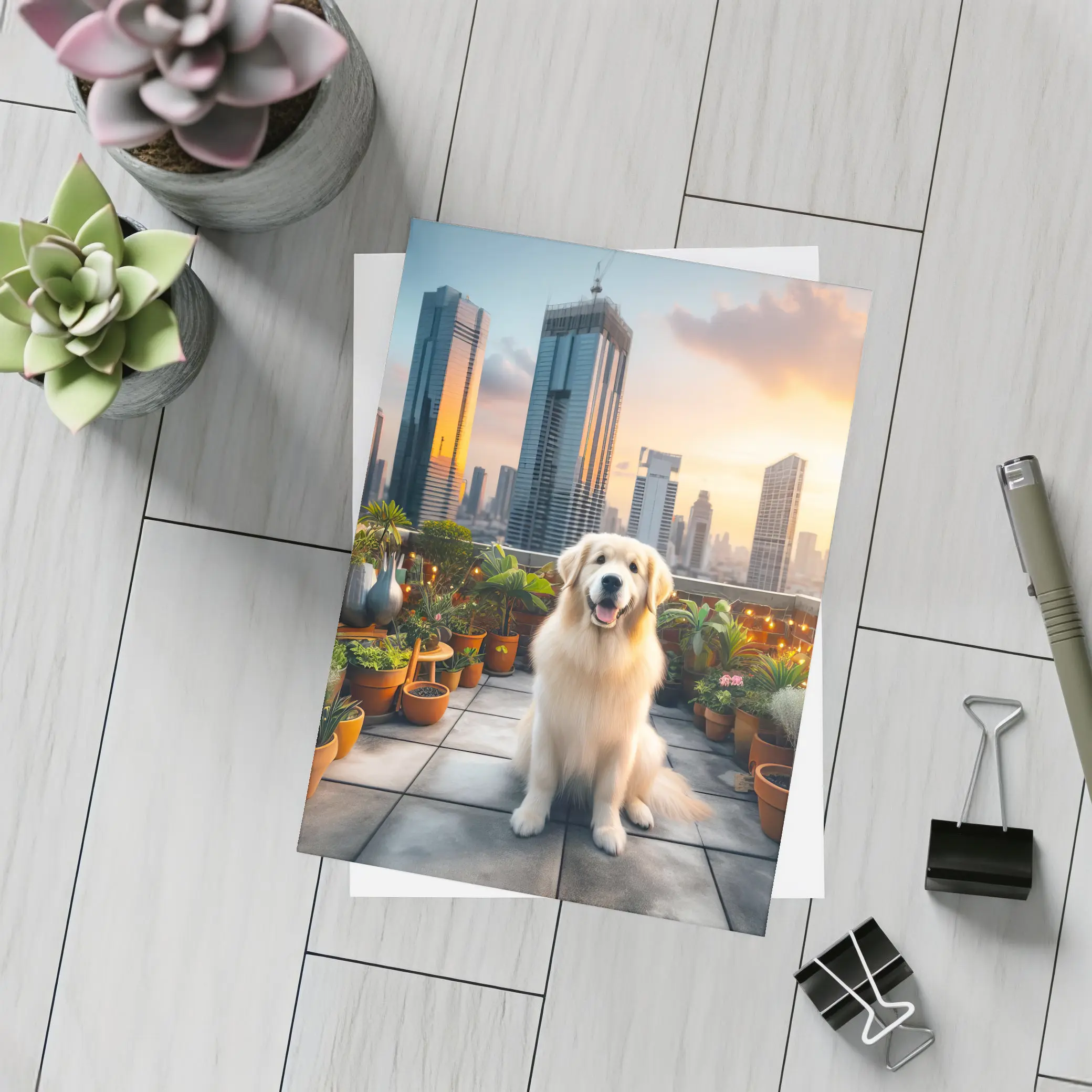 Golden Retriever on City Rooftop at Sunset – Postcards