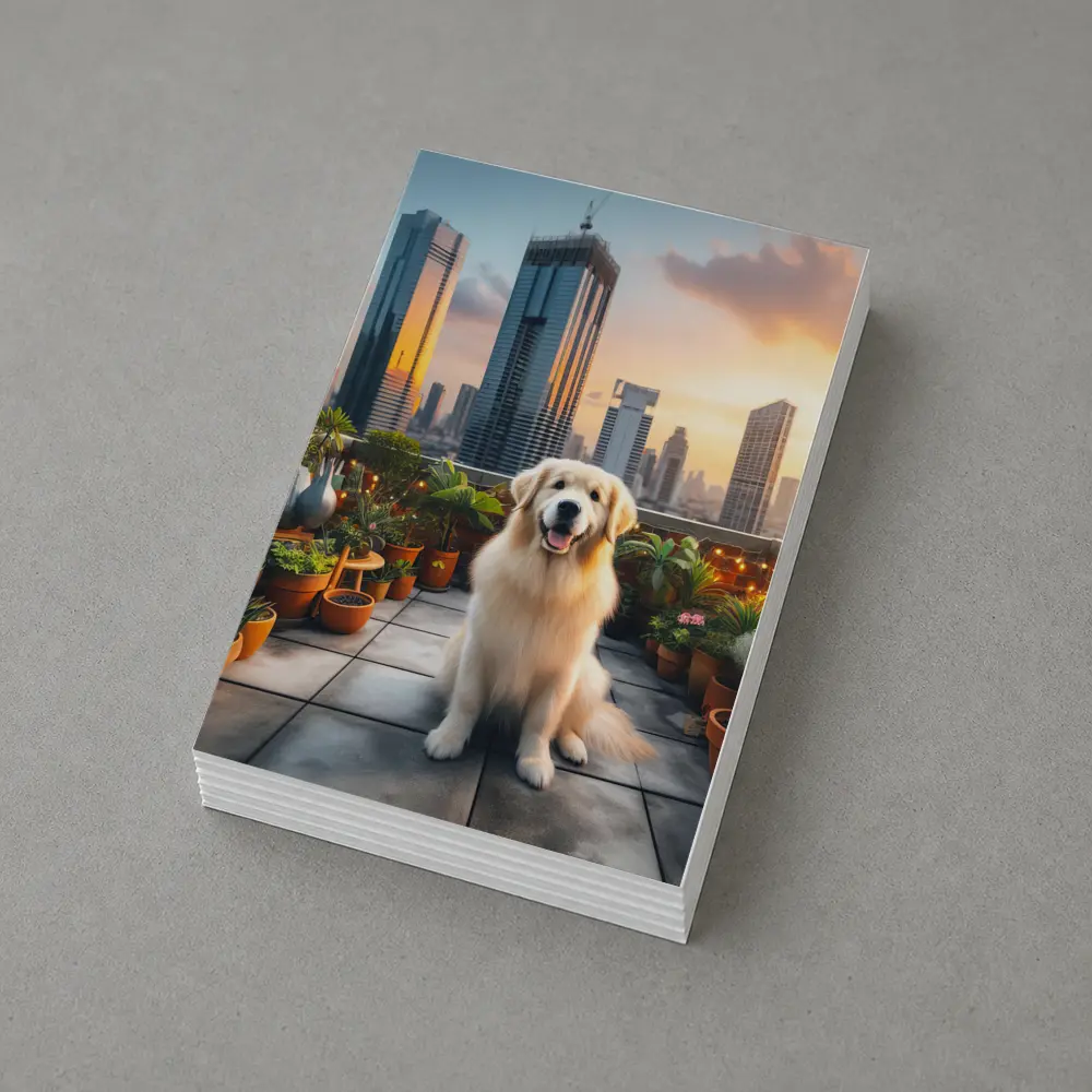 Golden Retriever on City Rooftop at Sunset – Postcards