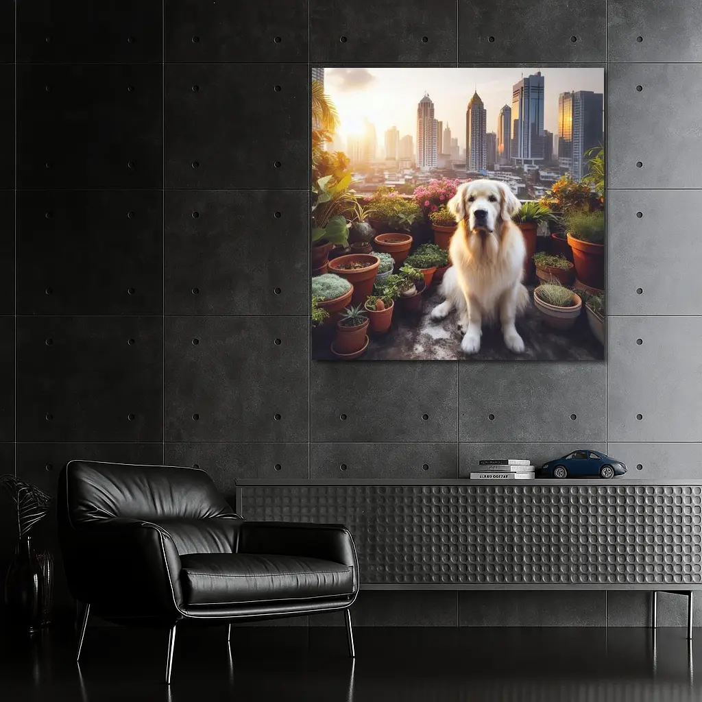 Golden Retriever Sitting City Skyline Rooftop – Wall Art