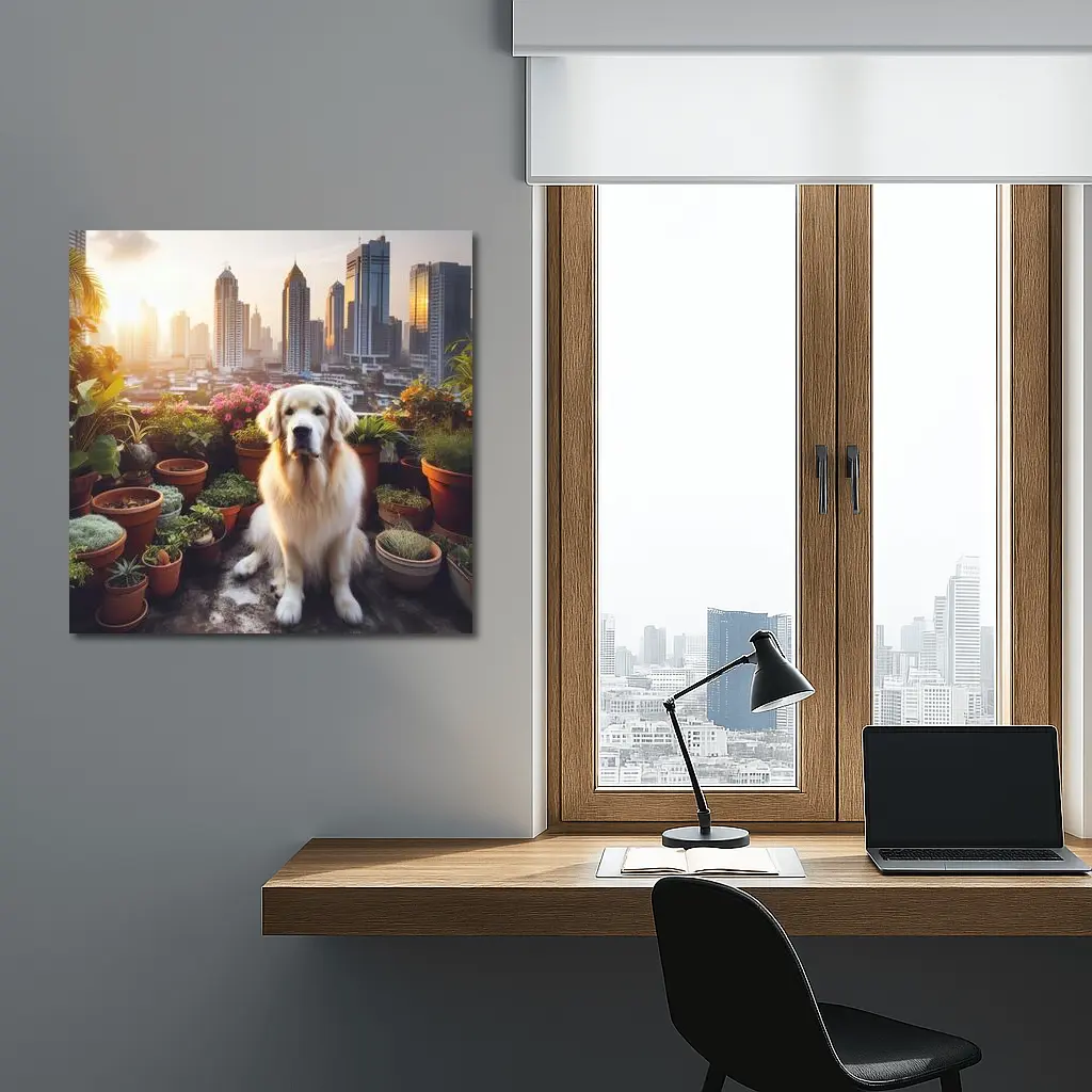 Golden Retriever Sitting City Skyline Rooftop – Wall Art