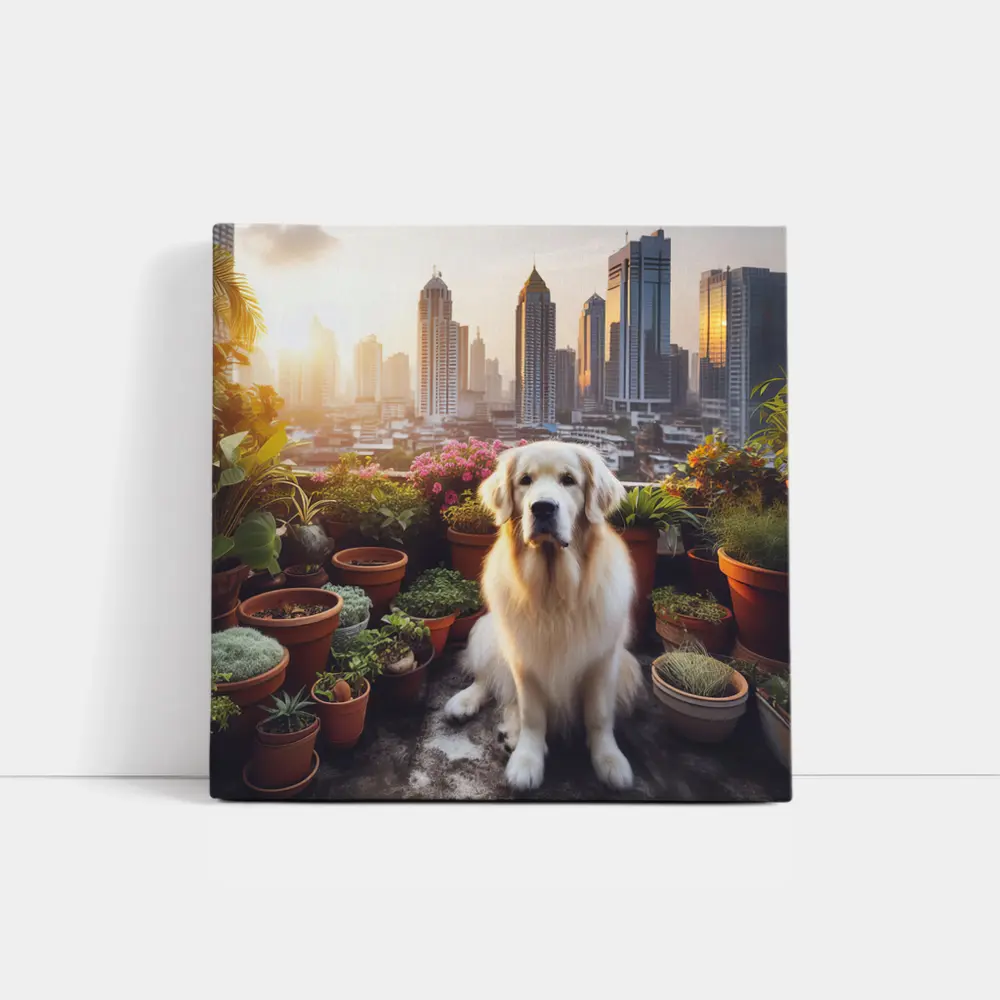 Golden Retriever Sitting City Skyline Rooftop – Wall Art