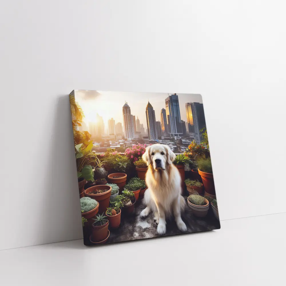 Golden Retriever Sitting City Skyline Rooftop – Wall Art