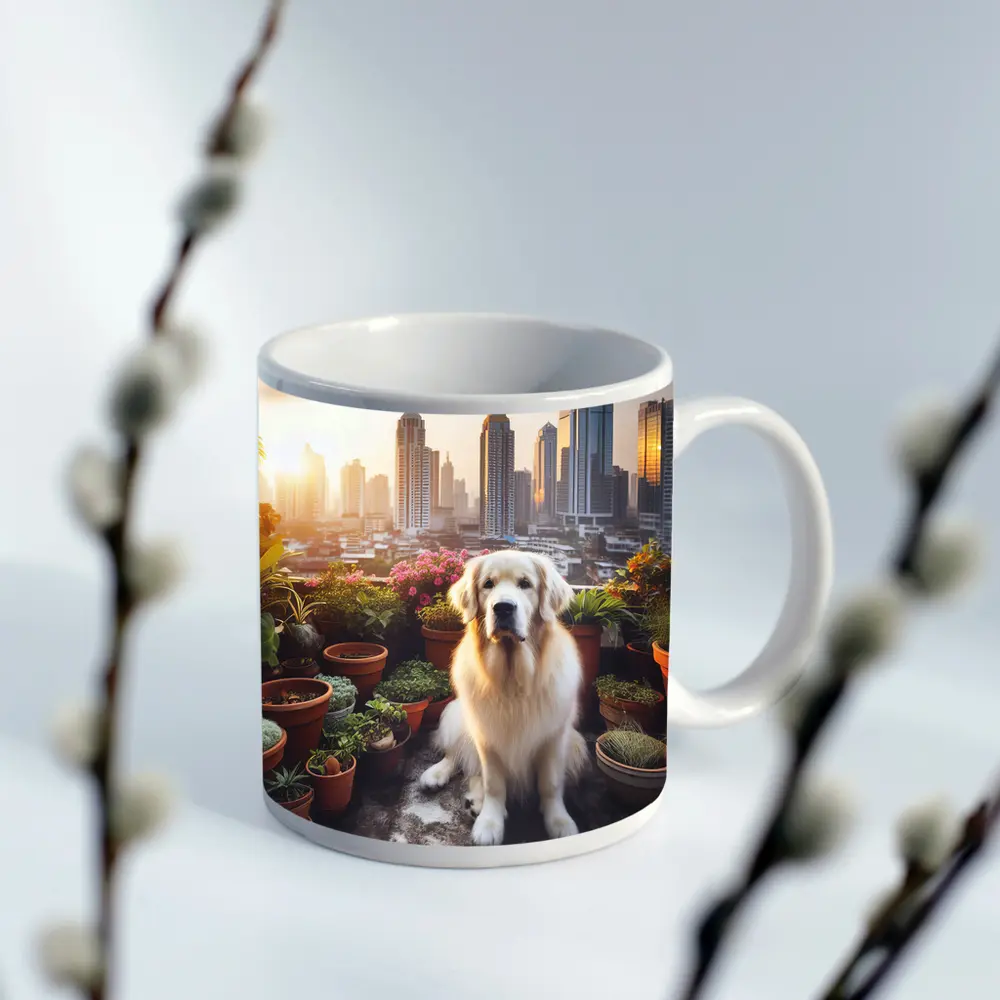 Golden Retriever Sitting City Skyline Rooftop – Mugs