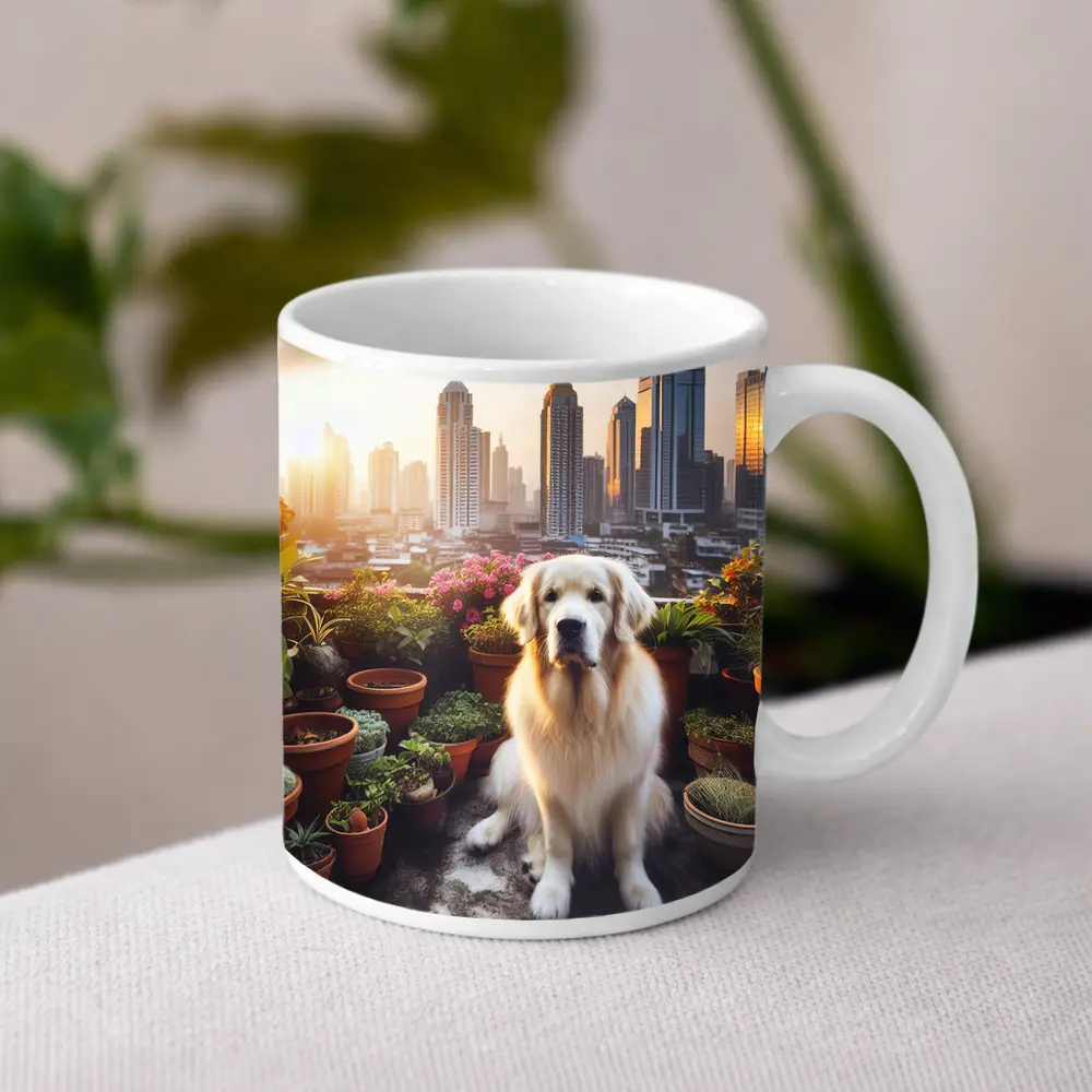 Golden Retriever Sitting City Skyline Rooftop – Mugs